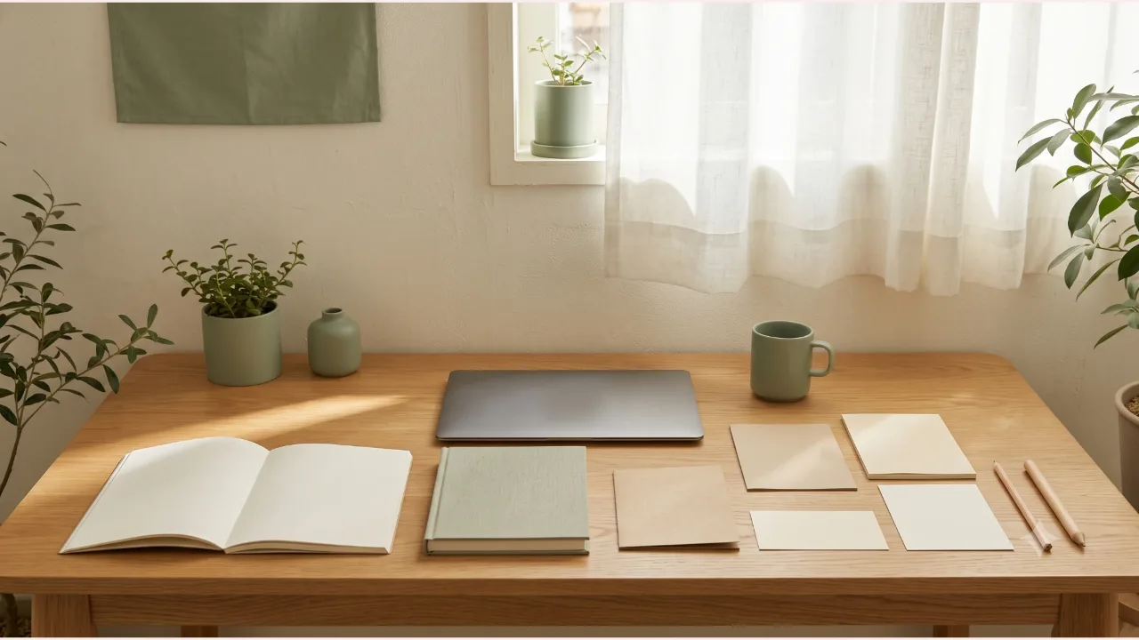 An open blank notebook and a closed one on an oak desk, with a closed laptop, plain cards side by side and a pencil
