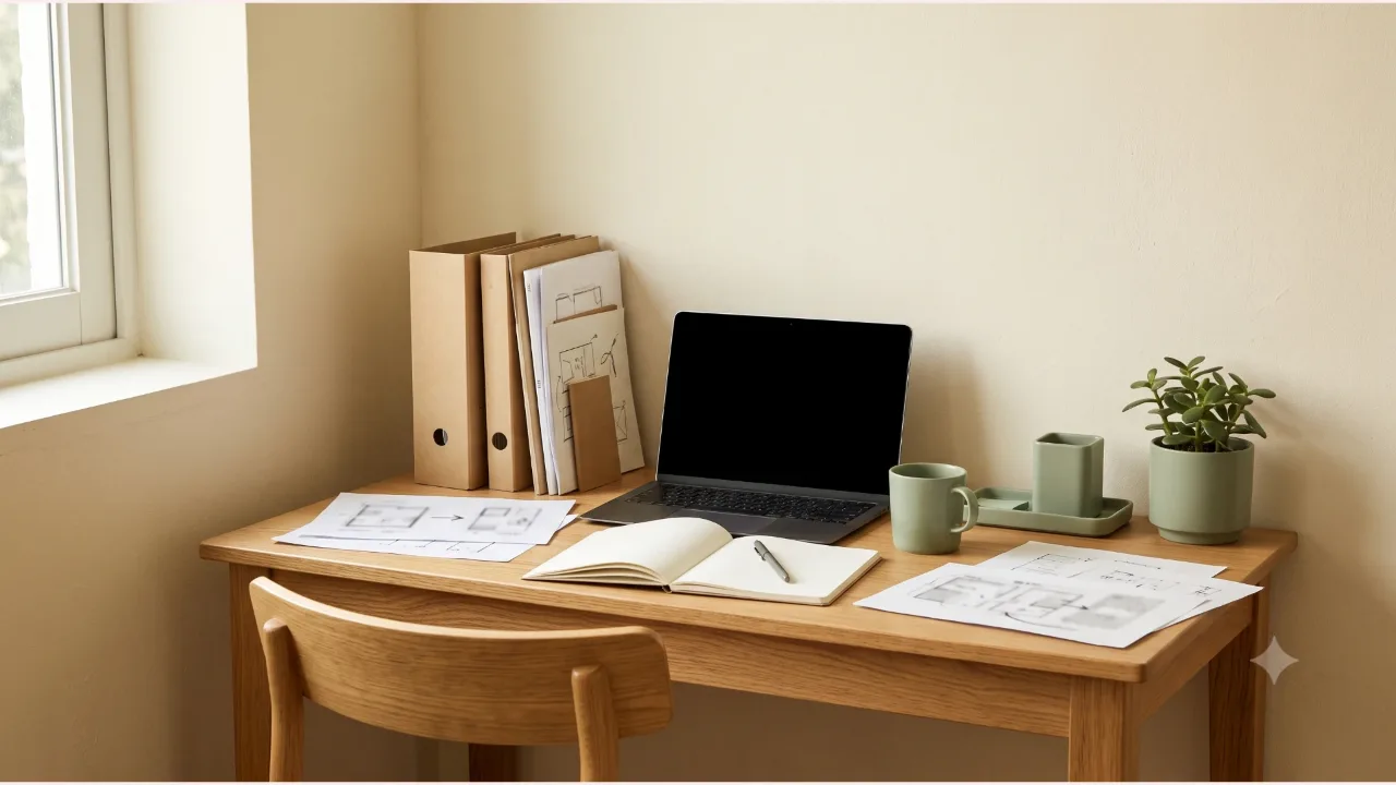 A switched-off laptop and a file binder on an oak desk, an open blank notebook, a sheet with a diagram and a sage-colored cup