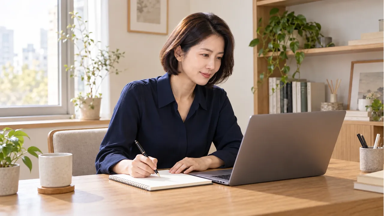 네이비 긴팔 블라우스를 입은 여성이 노트북 앞에서 빈 수첩에 펜을 대고 있는 모습