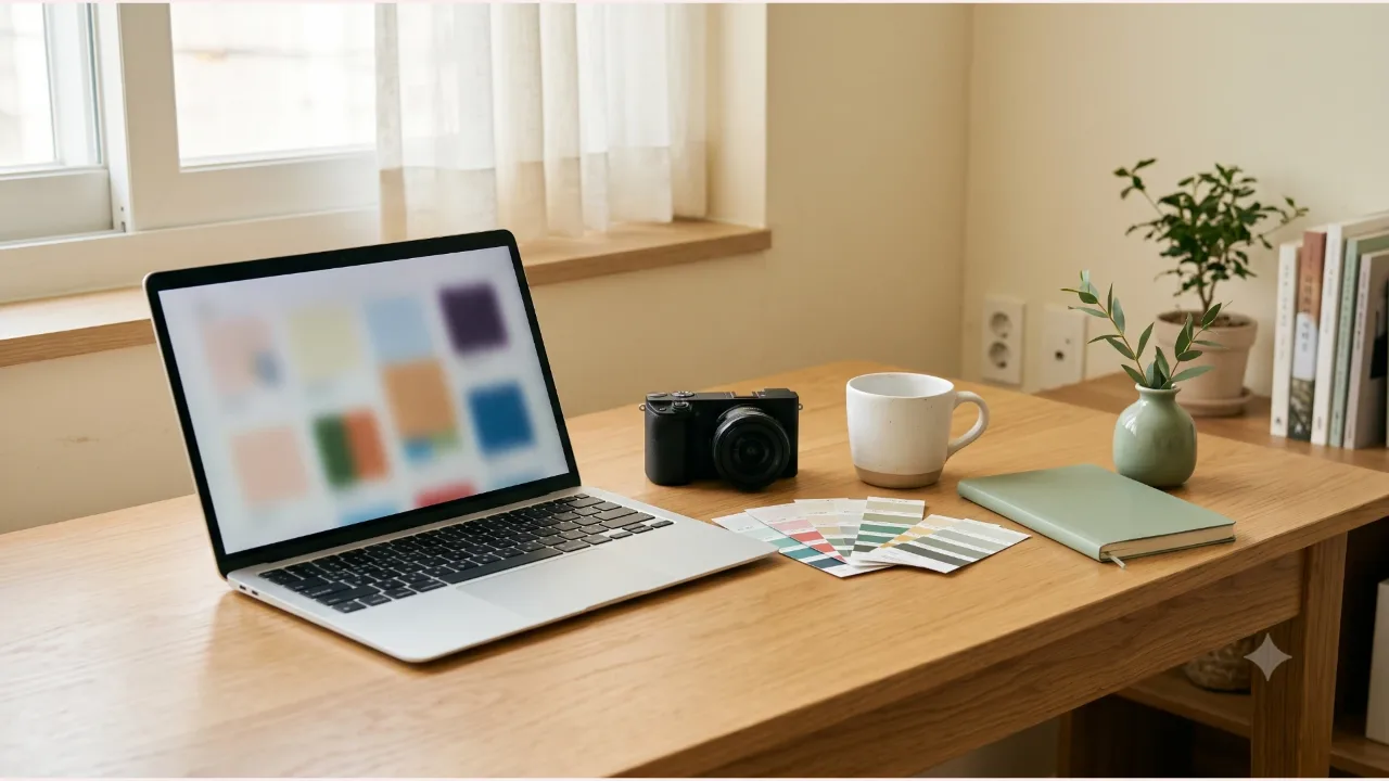 A laptop with a blurry color-field screen on an oak desk, a camera and a white cup, color chips and a sage-colored notebook