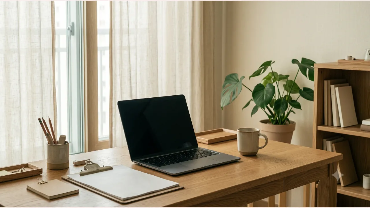 A switched-off laptop on an oak desk, plain report sheets and a clipboard, a pencil and a mug