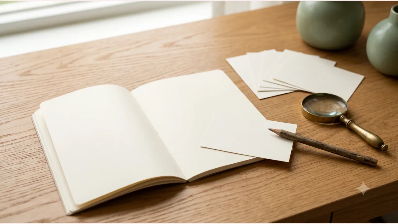 An open blank notebook on an oak desk, several plain cards fanned out, a brass magnifying glass and a pencil, and a light green vase
