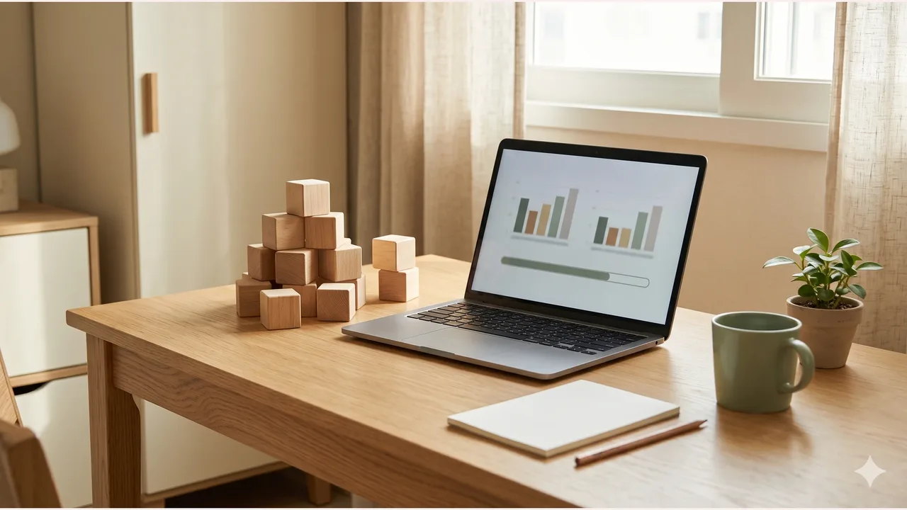 On an oak desk by a window, a laptop screen showing two groups of bar charts and a horizontal bar, two piles of wooden blocks of different sizes, a blank notebook with a pencil, a sage mug, and a small potted plant