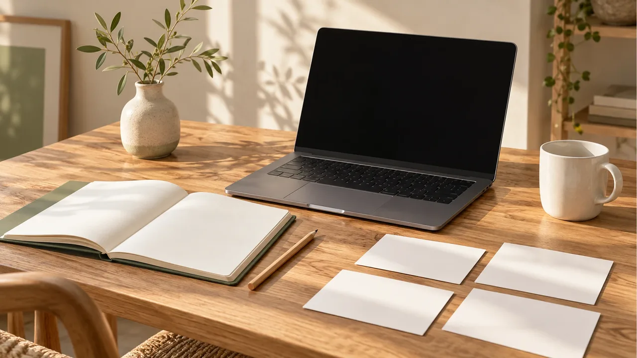 On an oak desk by a window, a laptop with screen off, an open blank notebook with a pencil, four blank cards, a white ceramic mug, and a small vase