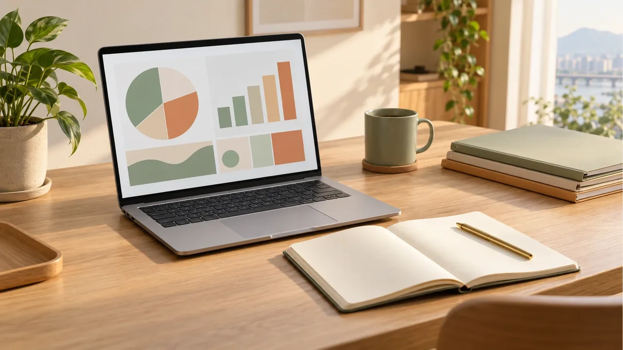 On an oak desk by a window, a laptop screen showing an abstract analytics block chart, an open blank notebook with a pen, a sage mug, folders, and a small potted plant