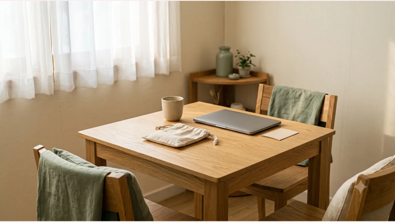 Plain fabric pouches and a cup on a small oak table, with a closed laptop and blank product cards