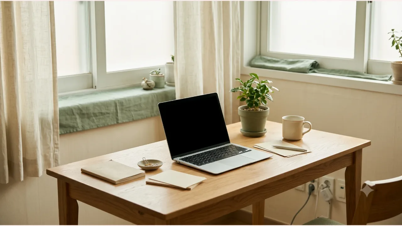 A powered-off laptop, plain memo cards, a small plant, and a mug on an oak desk