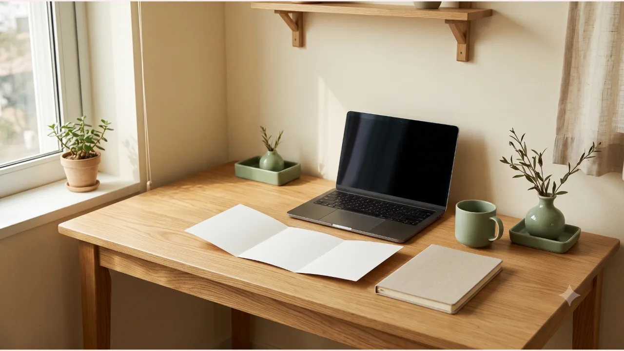 A switched-off laptop on an oak desk, a blank sheet folded in three and a closed notebook, a sage-colored mug and a vase