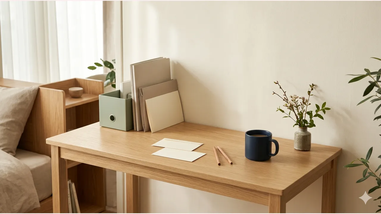 Document folders, blank cream stationery envelopes, two pencils, navy ceramic mug, and a small branch vase on an oak desk