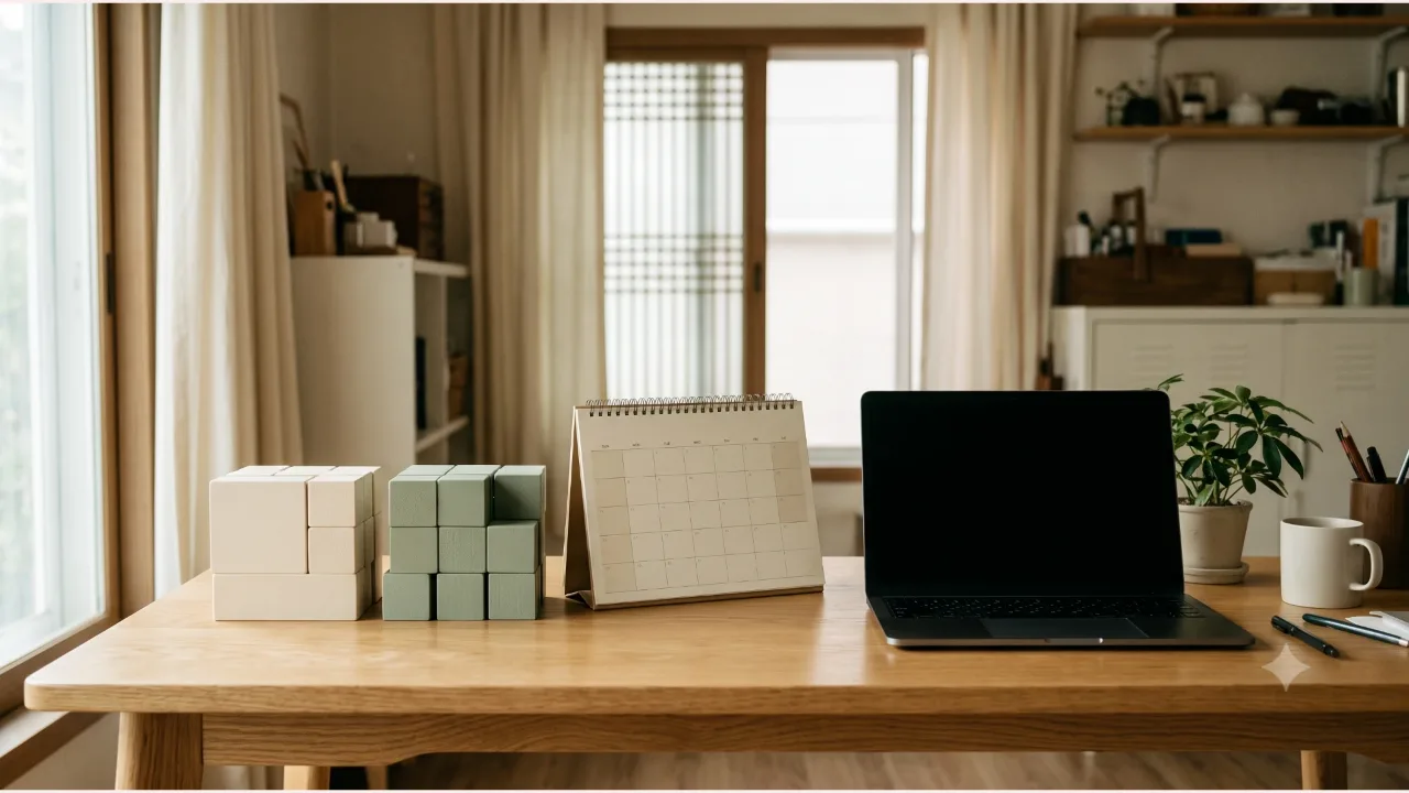 A calendar with no text on an oak desk, two bundles of cream and sage blocks side by side, and a switched-off laptop