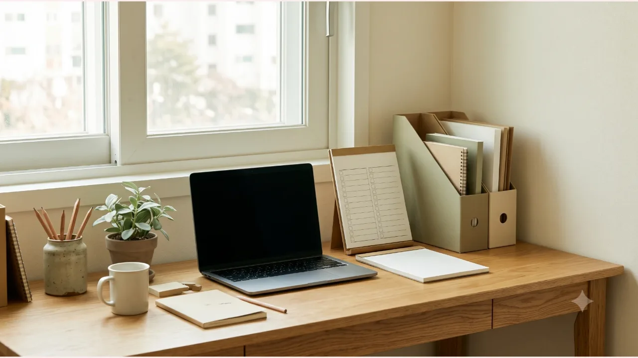 A switched-off laptop on an oak desk, a plain checklist sheet and a file holder, a pencil and a small plant