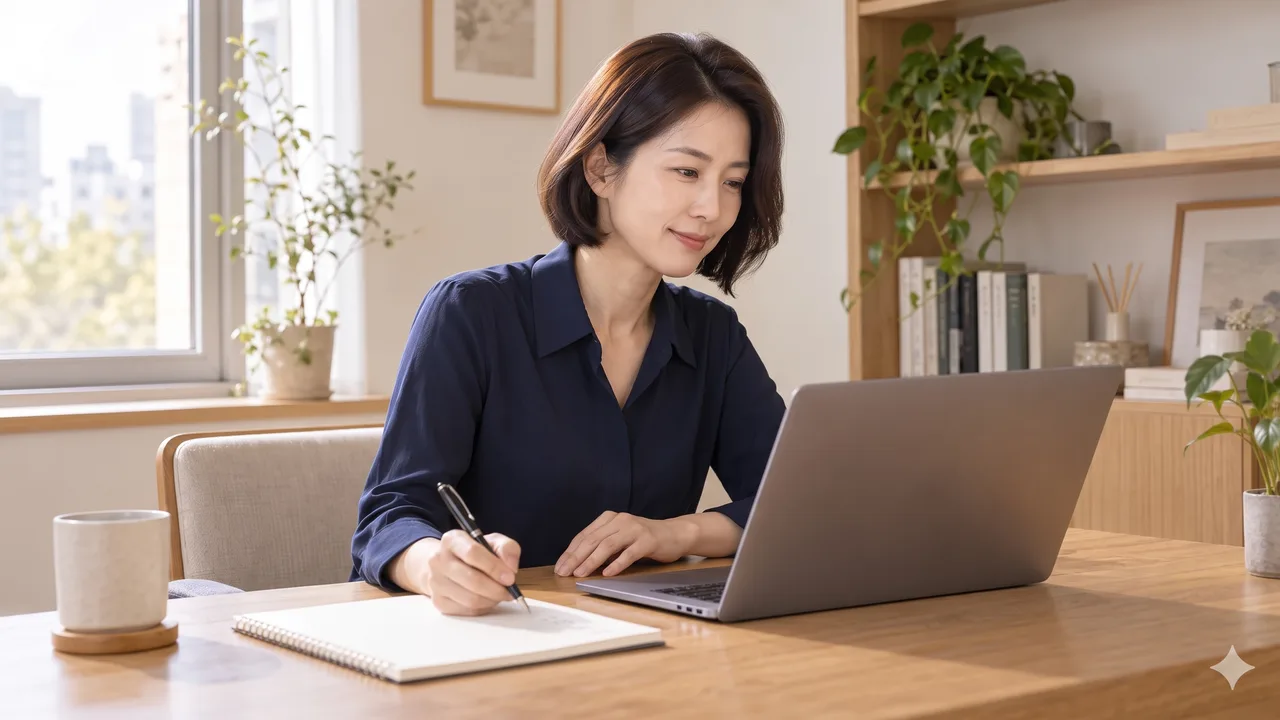 A woman in a navy long-sleeved blouse holding a pen over a blank notebook beside a laptop.
