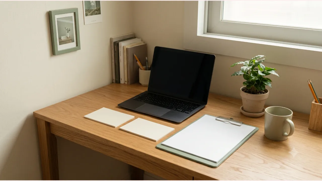 A switched-off laptop on an oak desk, two plain cream cards, a clipboard with blank paper, a small plant and a mug