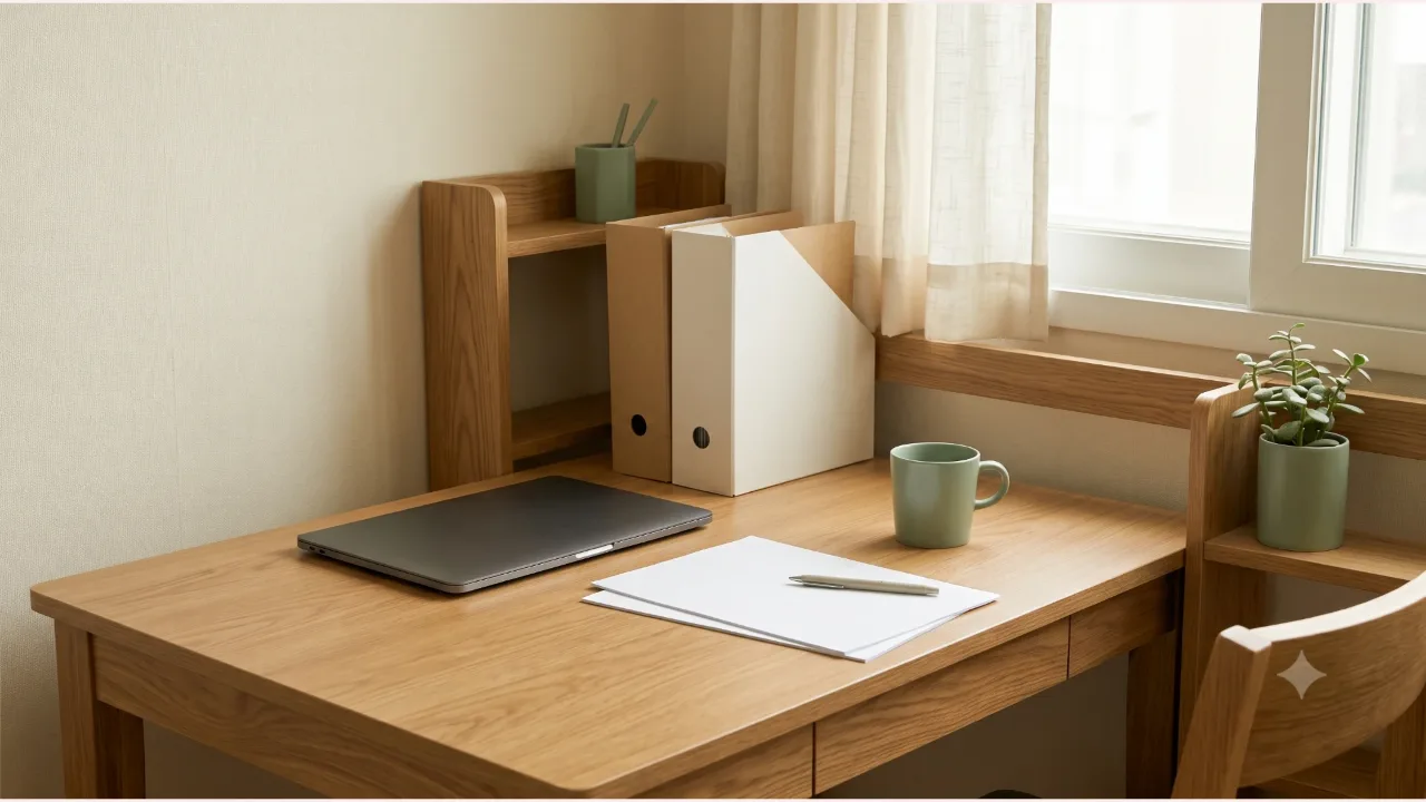 A closed laptop and blank documents on an oak desk, a filing box and a sage-colored mug