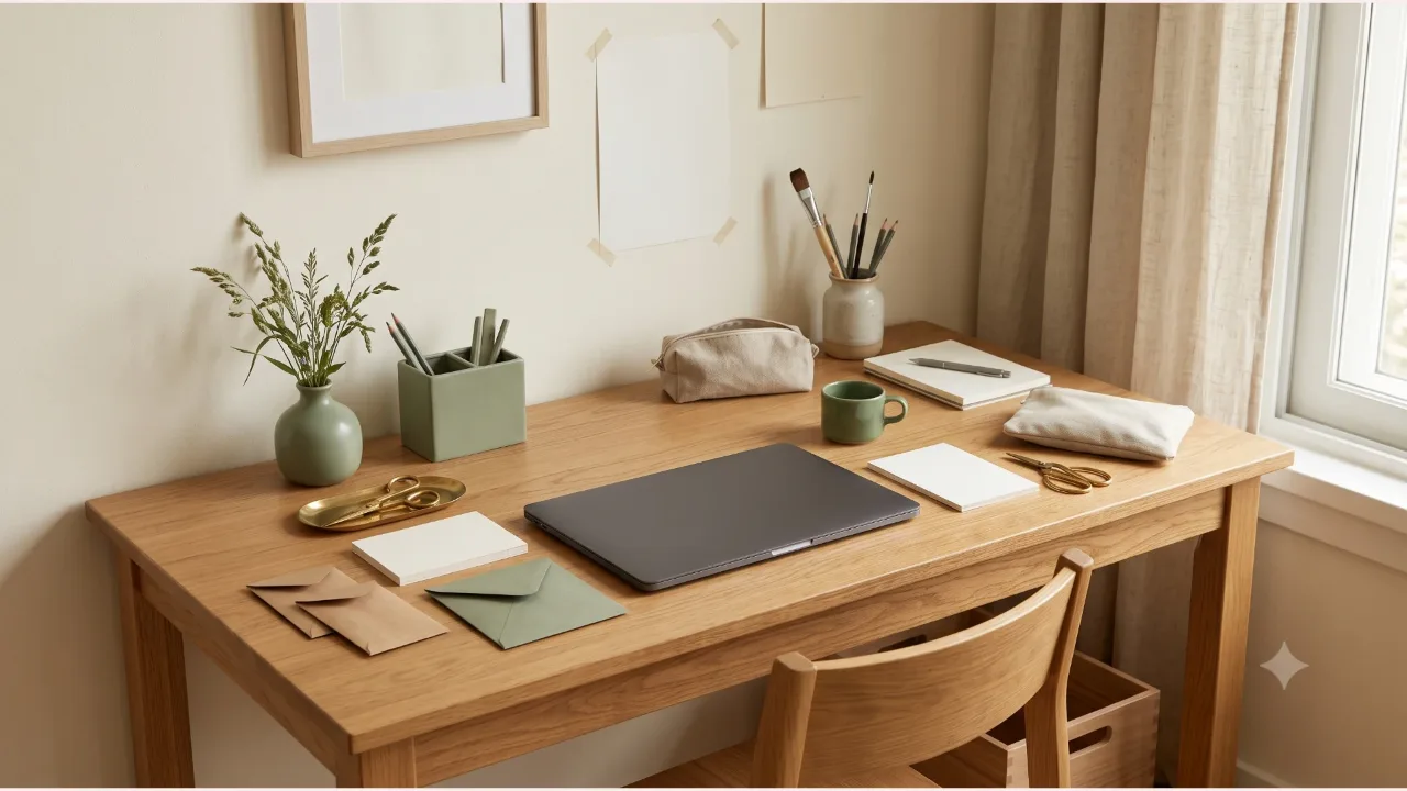 A closed laptop and plain paper cards on an oak desk, an envelope and a sage-colored vase