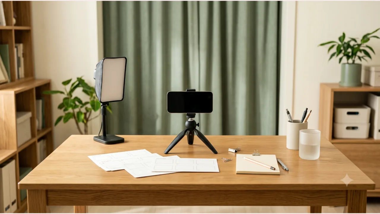 A switched-off smartphone on a tripod on an oak desk, plain storyboard cards and a light